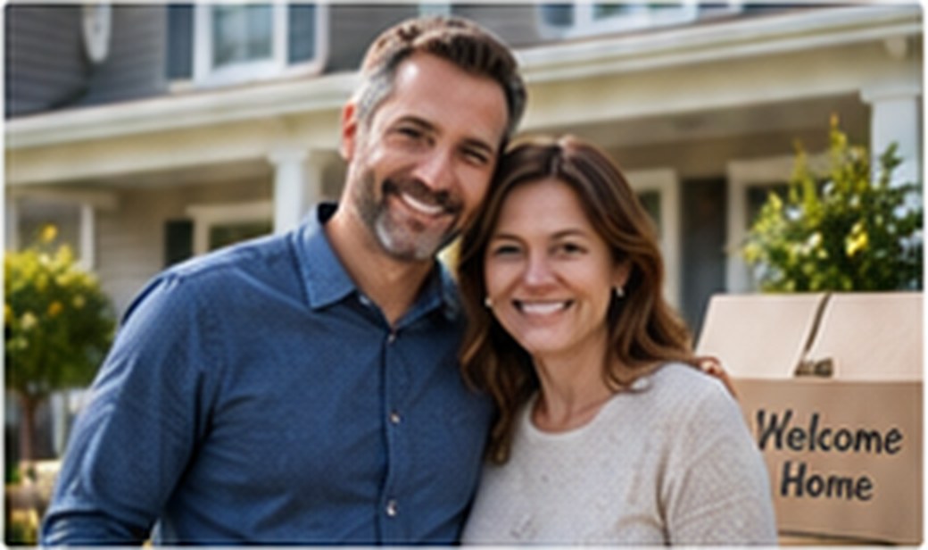 A couple standing outside their new home holding a welcome-home box