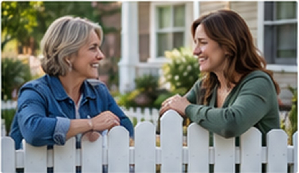 Two neighbors talking over a white picket fence
