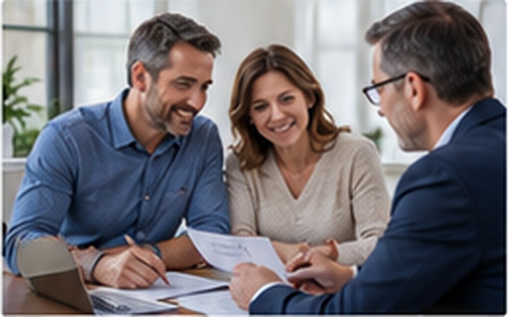 A couple reviewing plan options with an advisor at a table