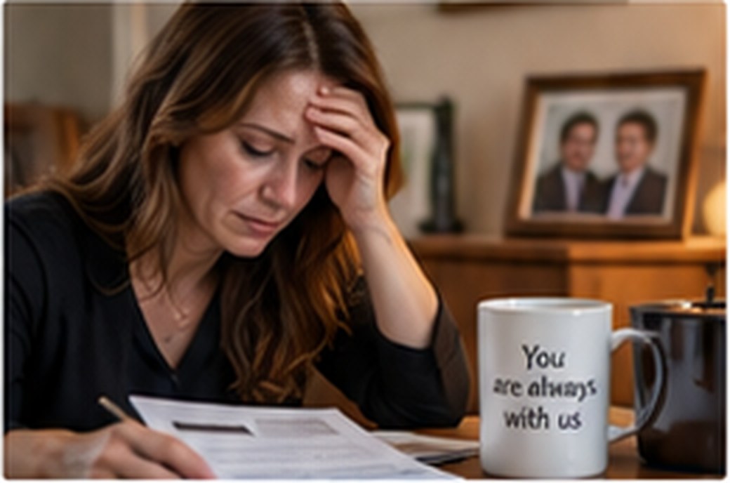 A woman sitting at a desk with paperwork and family photographs