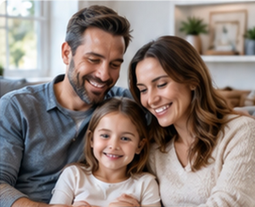 Parents and their young daughter smiling together on the sofa at home